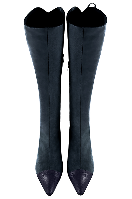 Navy blue women's knee-high boots, with laces at the back. Tapered toe. Medium block heels. Made to measure. Top view - Florence KOOIJMAN